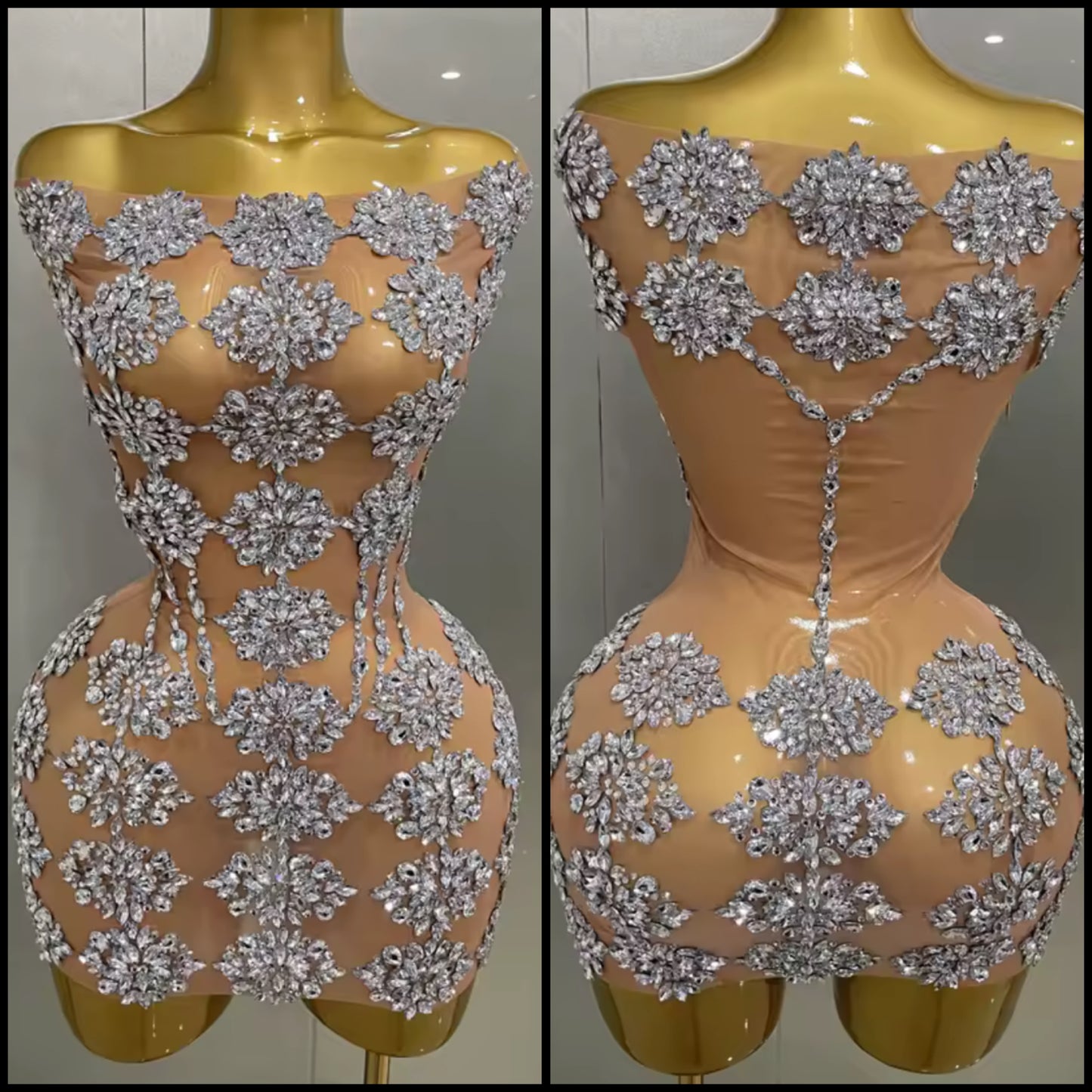 Sexy Strapless See Through Rhinestone Embellishment Dress