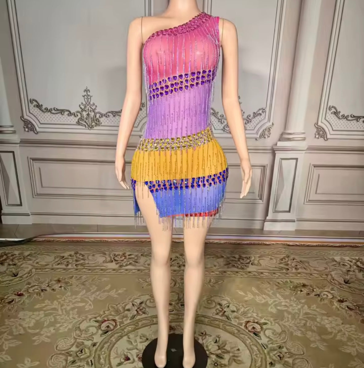 Sexy One Shoulder Sleeveless Multicolored Rhinestone Tassel Dress
