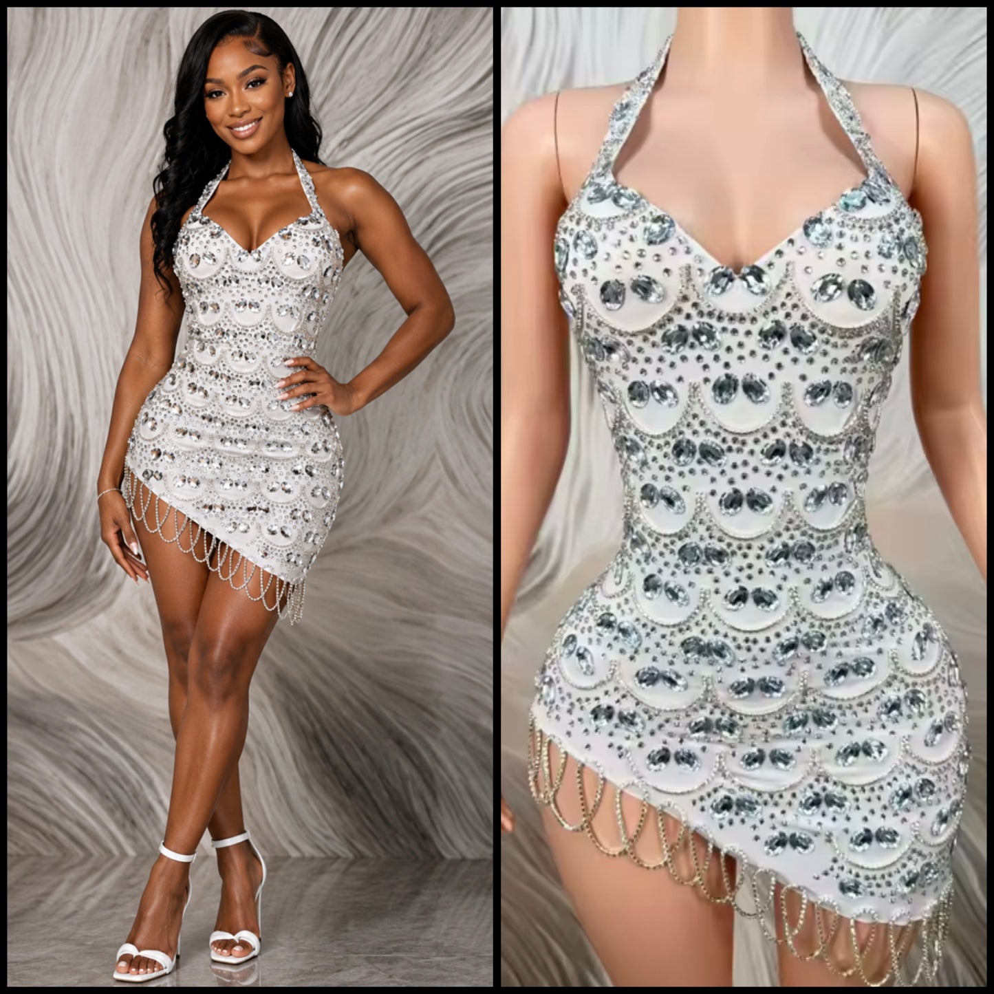 Sexy Halter Sleeveless Rhinestone Tassel Asymmetrical Dress