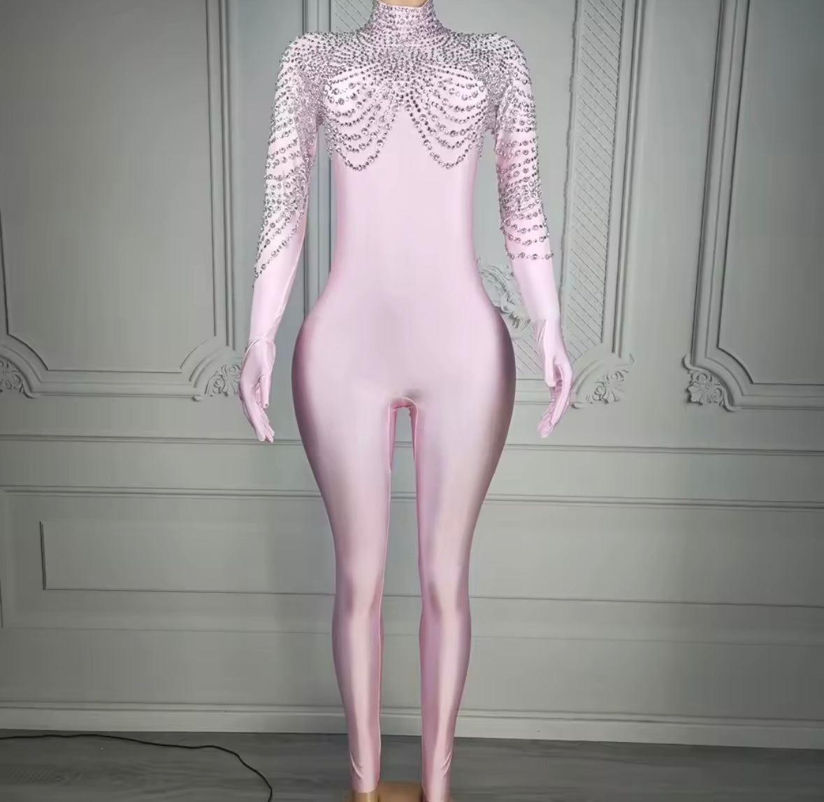 Elegant Pink Rhinestone Glove Jumpsuit