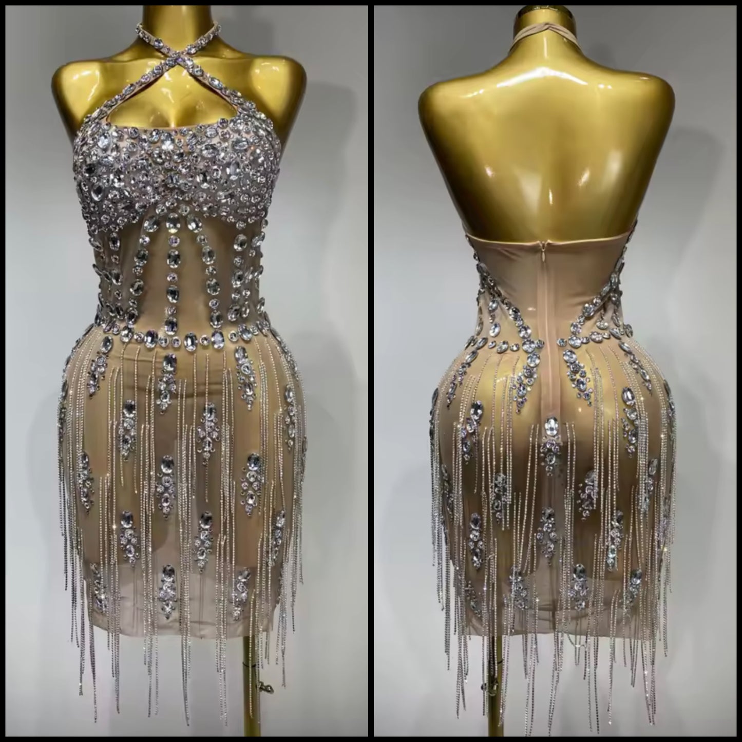 Sexy Halter Sleeveless Rhinestone Embellishment Tassel Dress