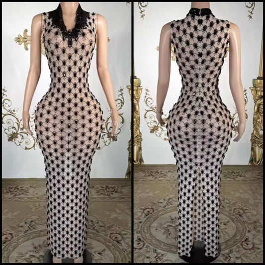 Sexy Sleeveless Black Crystal See Through Maxi Dress