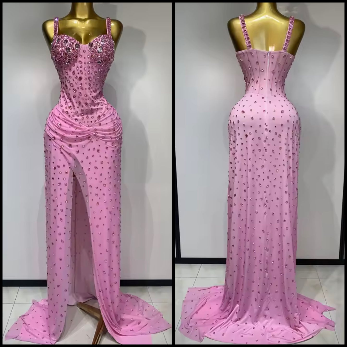 Pink Elegant Rhinestone Sleeveless Floor-Length Dress