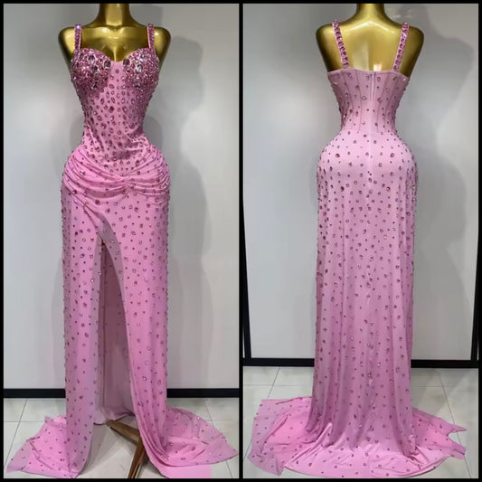 Pink Elegant Rhinestone Sleeveless Floor-Length Dress
