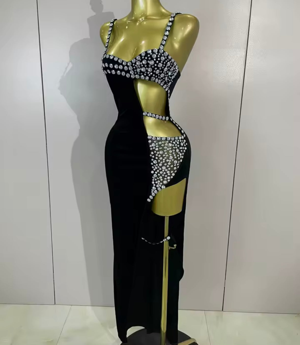Sexy Sleeveless Rhinestone Black Hollow Out Side Split Maxi Dress
