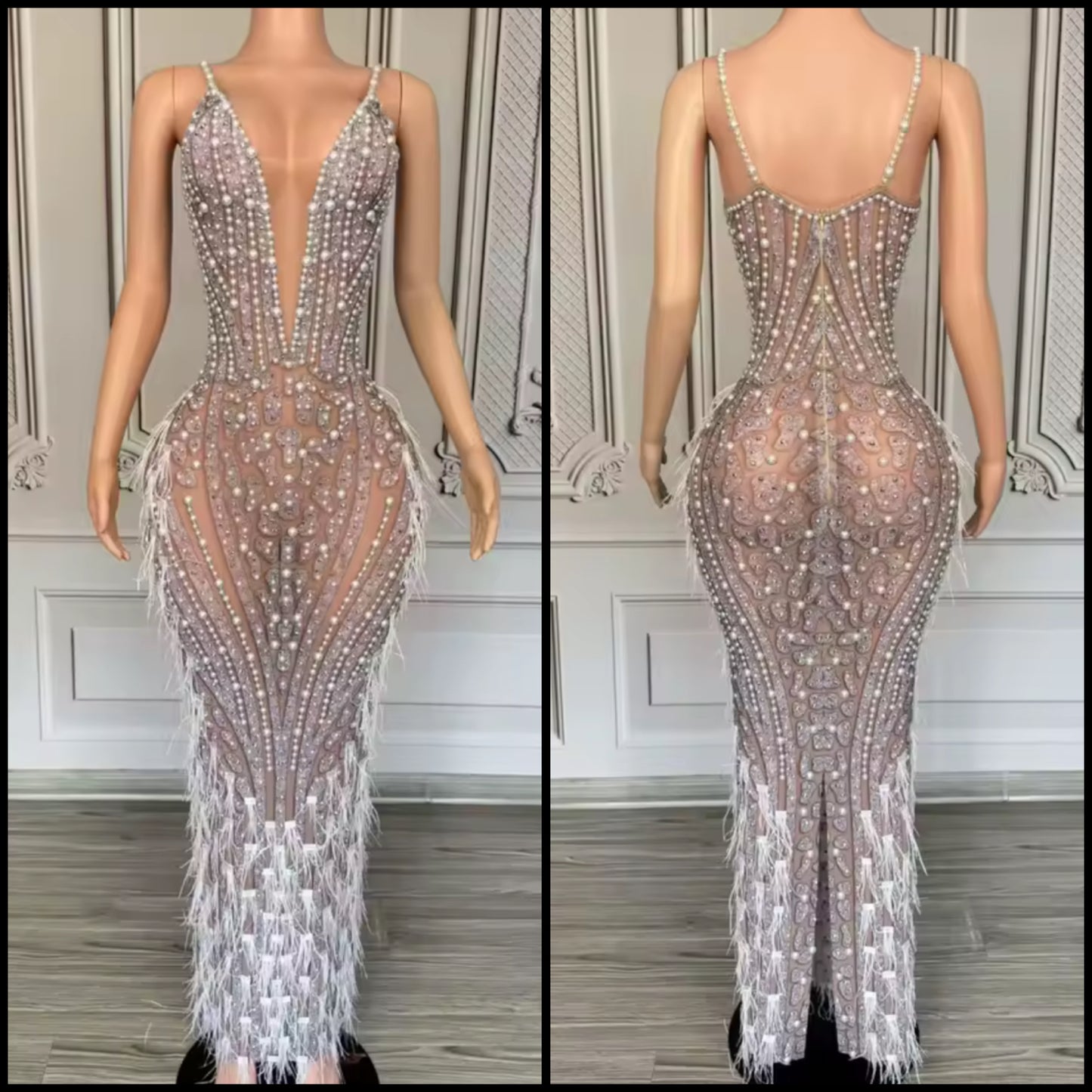 Sexy Sleeveless Rhinestone Embellishment Feather Maxi Dress