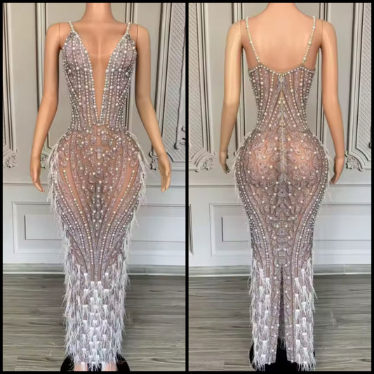 Sexy Sleeveless Rhinestone Embellishment Feather Maxi Dress