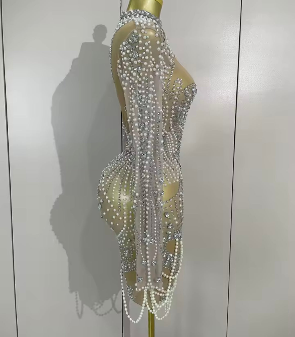 Sexy Pearl Rhinestone See Through Full Sleeve Dress