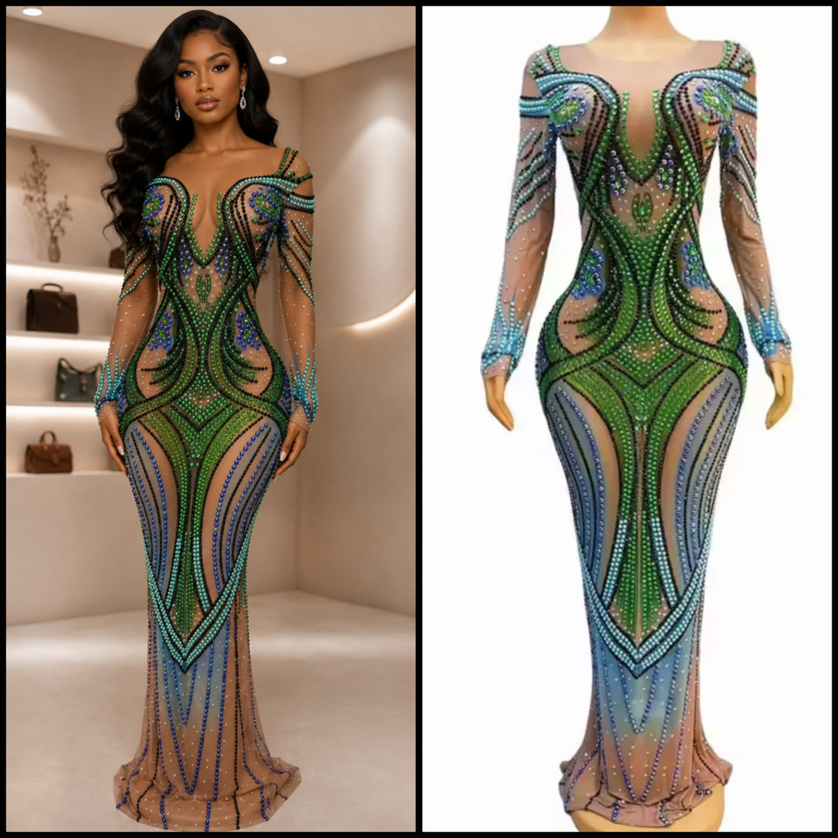 Color Rhinestone Embellishment Sexy See Through Maxi Dress