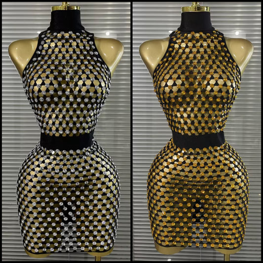 Sexy Sleeveless Rhinestone Open Back See Through Dress