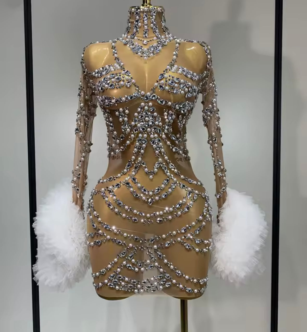 Sexy Pearl Rhinestone Ruffle Full Sleeve Short Dress
