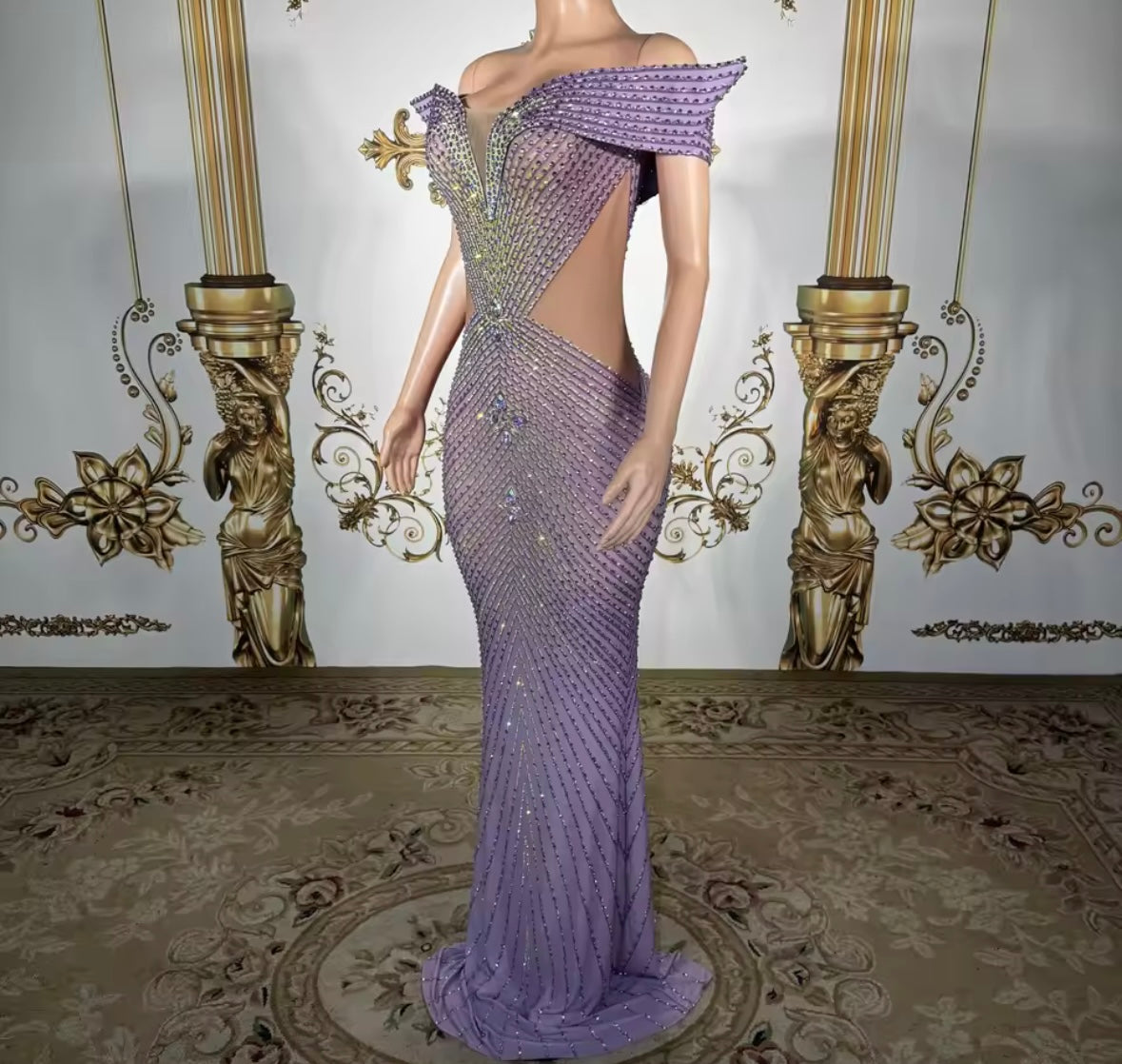 Purple Elegant Off The Shoulder Rhinestone Floor-Length Dress