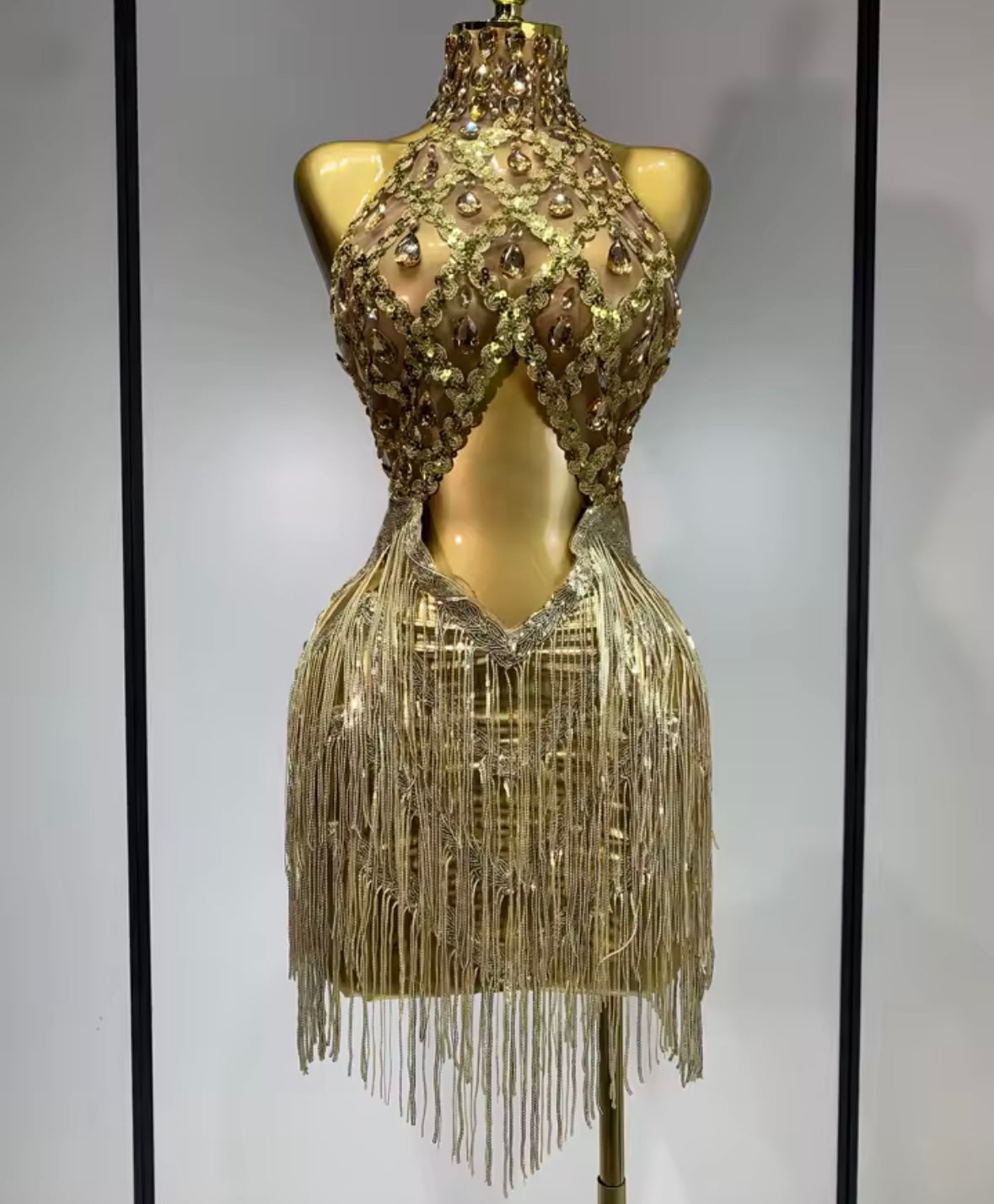 Sexy Gold Halter Open Back Crystal Tassel Dress