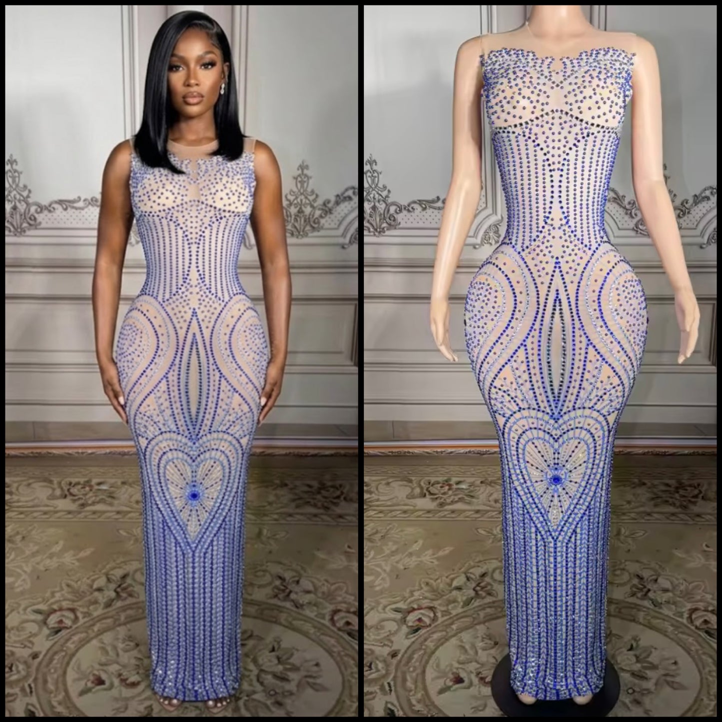 Sexy Sleeveless See Through Blue Rhinestone Embellishment Dress