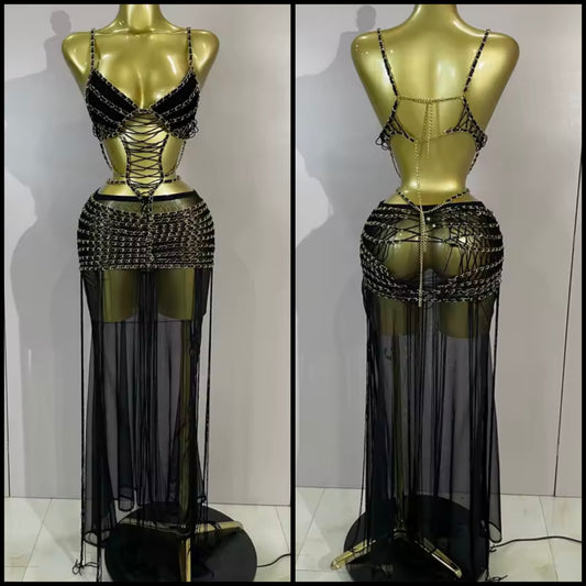 Women Black Sleeveless Chain Open Back Sexy Maxi Dress