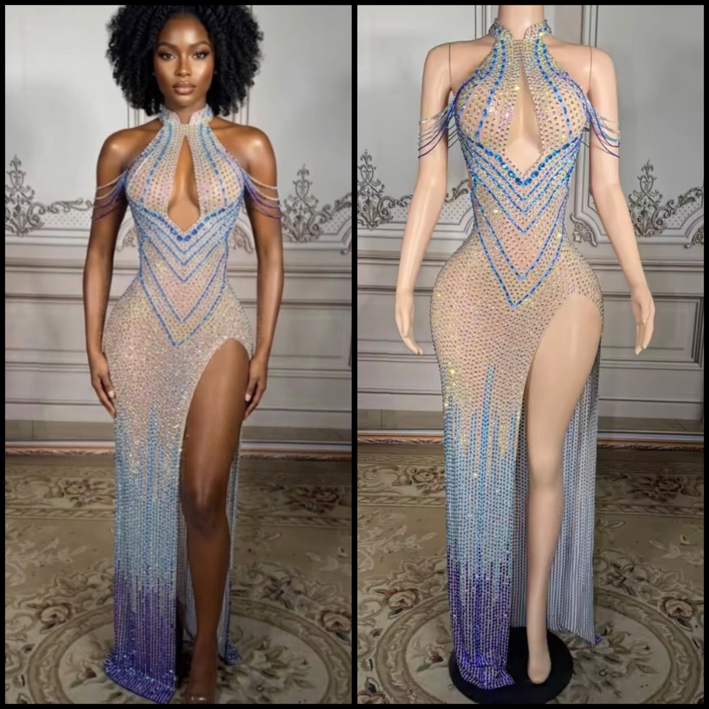 Sexy Halter Sleeveless Color Rhinestone Side Split Maxi Dress