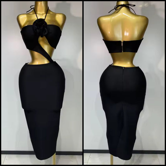 Black Sexy Halter Open Back Hollow Out Midi Dress