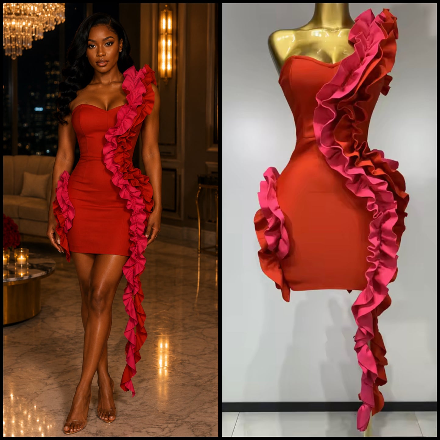 Sexy Red Ruffled One Shoulder Bandage Dress