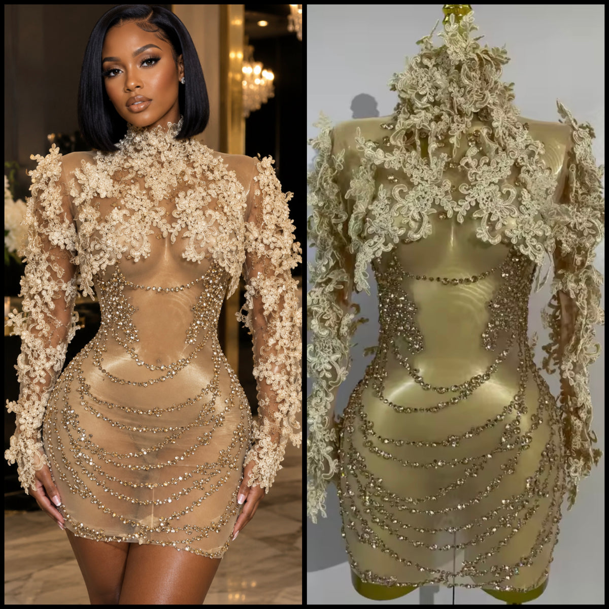 Sexy Lace Sequins Rhinestone See Through Dress
