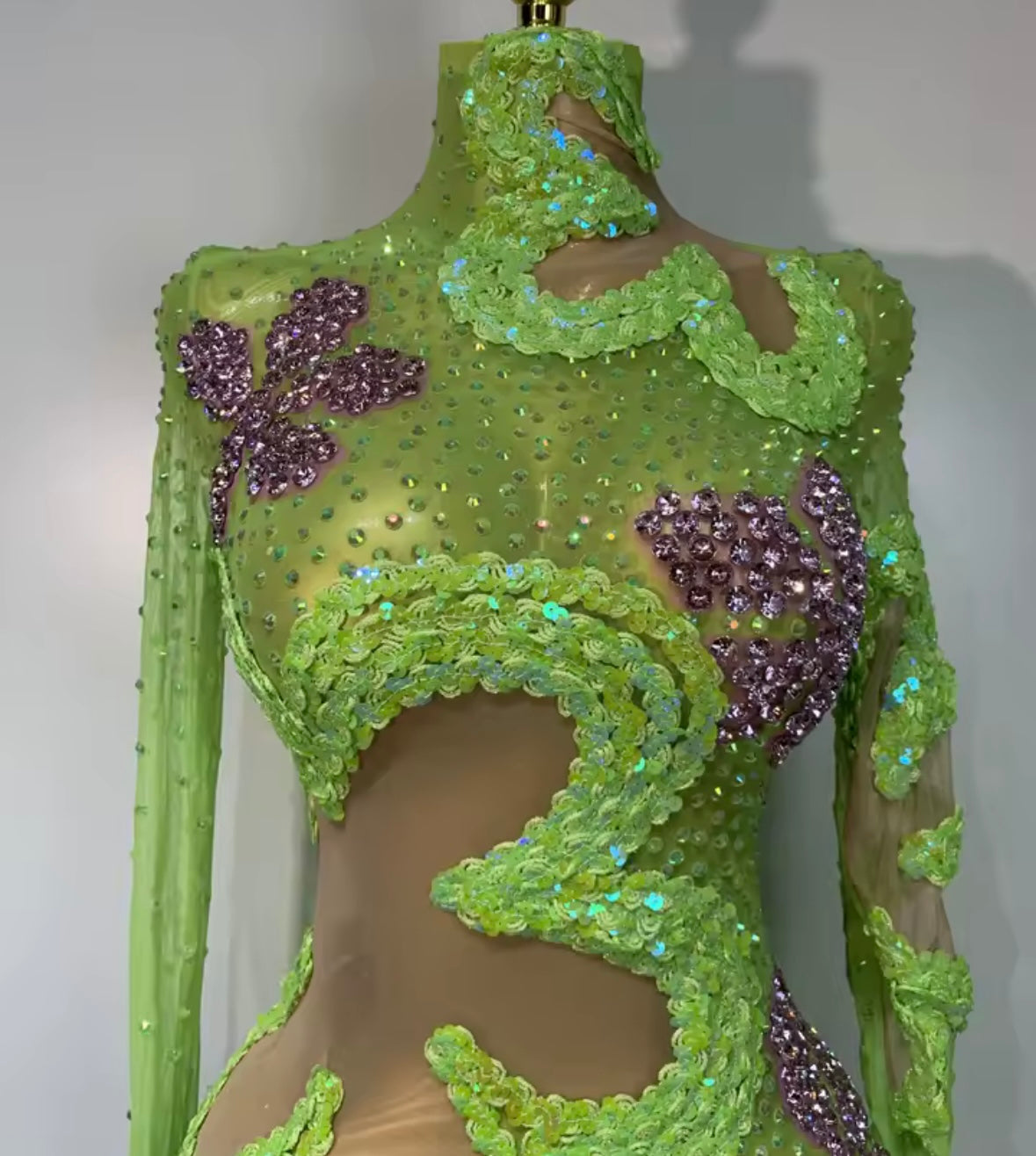Sexy Green Sequins Rhinestone Full Sleeve Dress