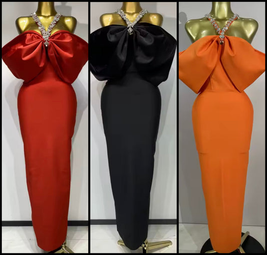 Elegant Rhinestone Halter Bow Floor-Length Dress