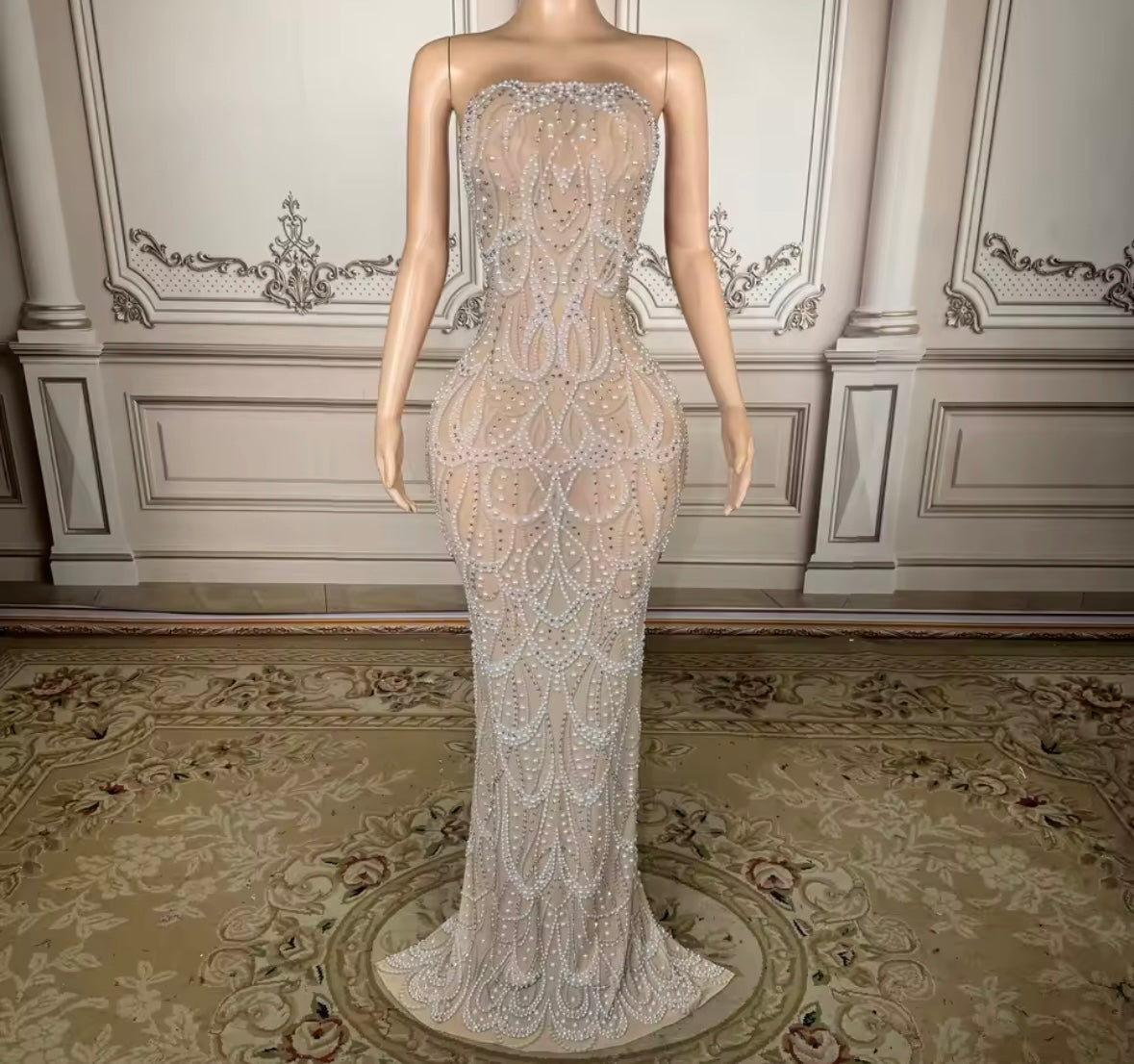 Sexy Strapless Beaded Rhinestone Floor-Length Dress