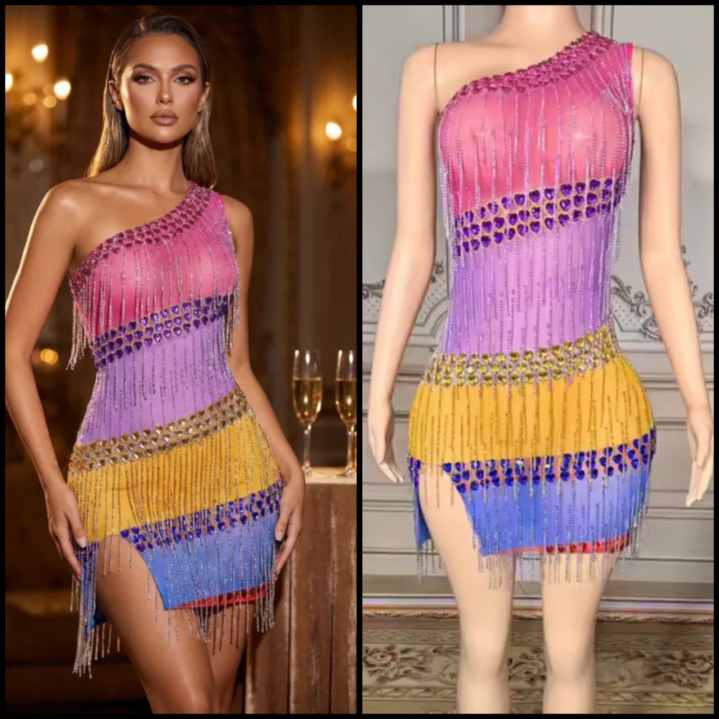 Sexy One Shoulder Sleeveless Multicolored Rhinestone Tassel Dress