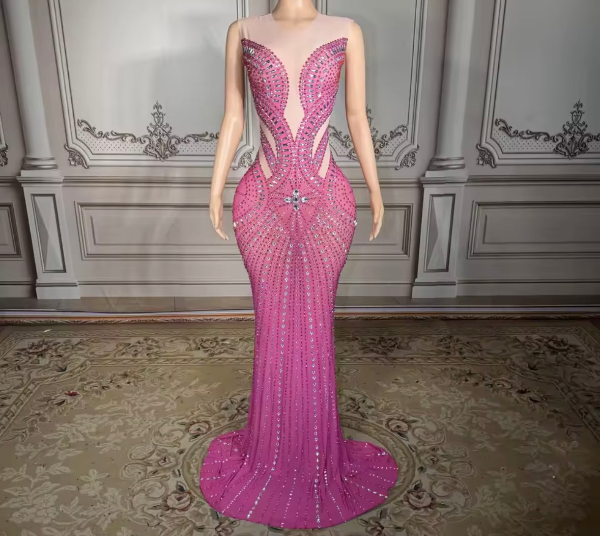 Pink Sleeveless Rhinestone Embellishment Sexy Maxi Dress