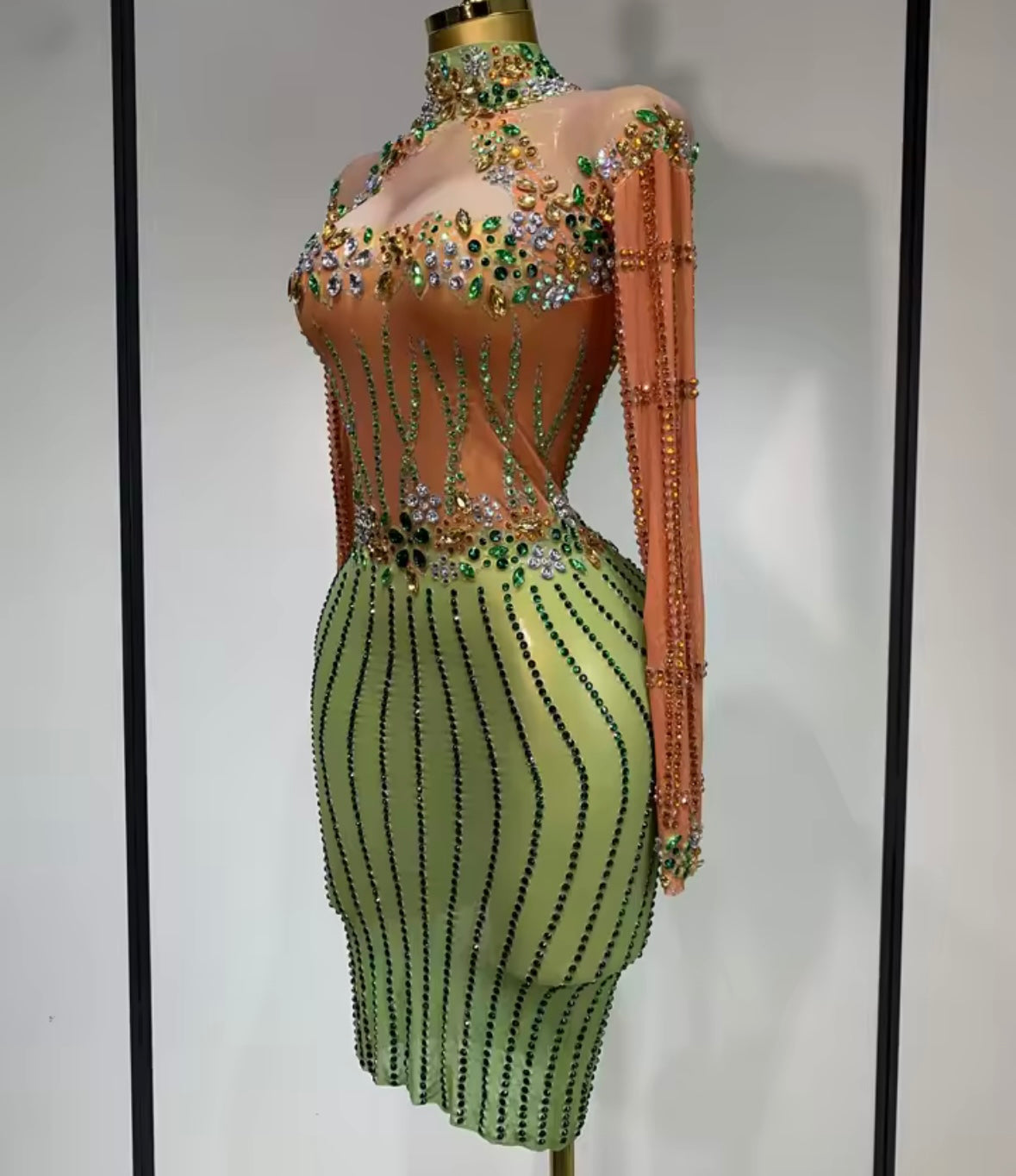 Sexy Color Block Rhinestone Full Sleeve Dress