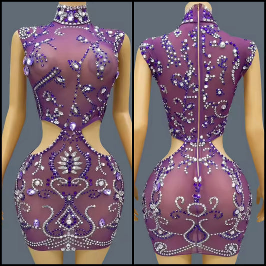 Purple Sleeveless Rhinestone Embellishment Sexy Dress