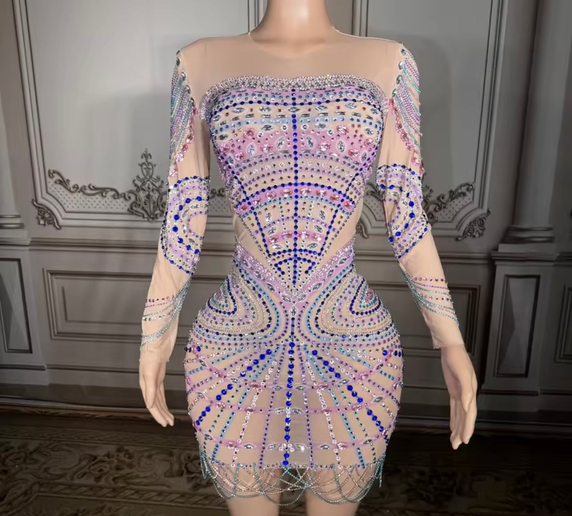 Sexy Color Rhinestone Full Sleeve See Through Dress