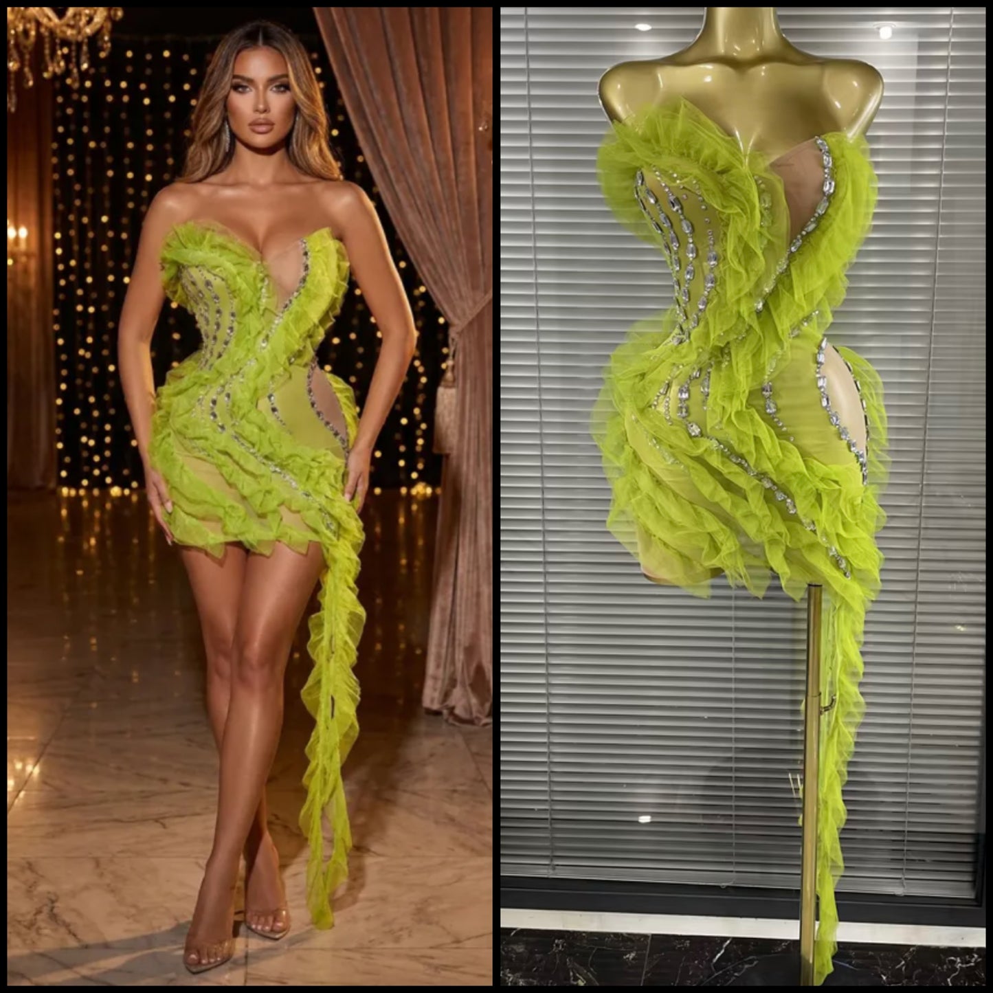 Sexy Green Ruffle Strapless Crystal Dress