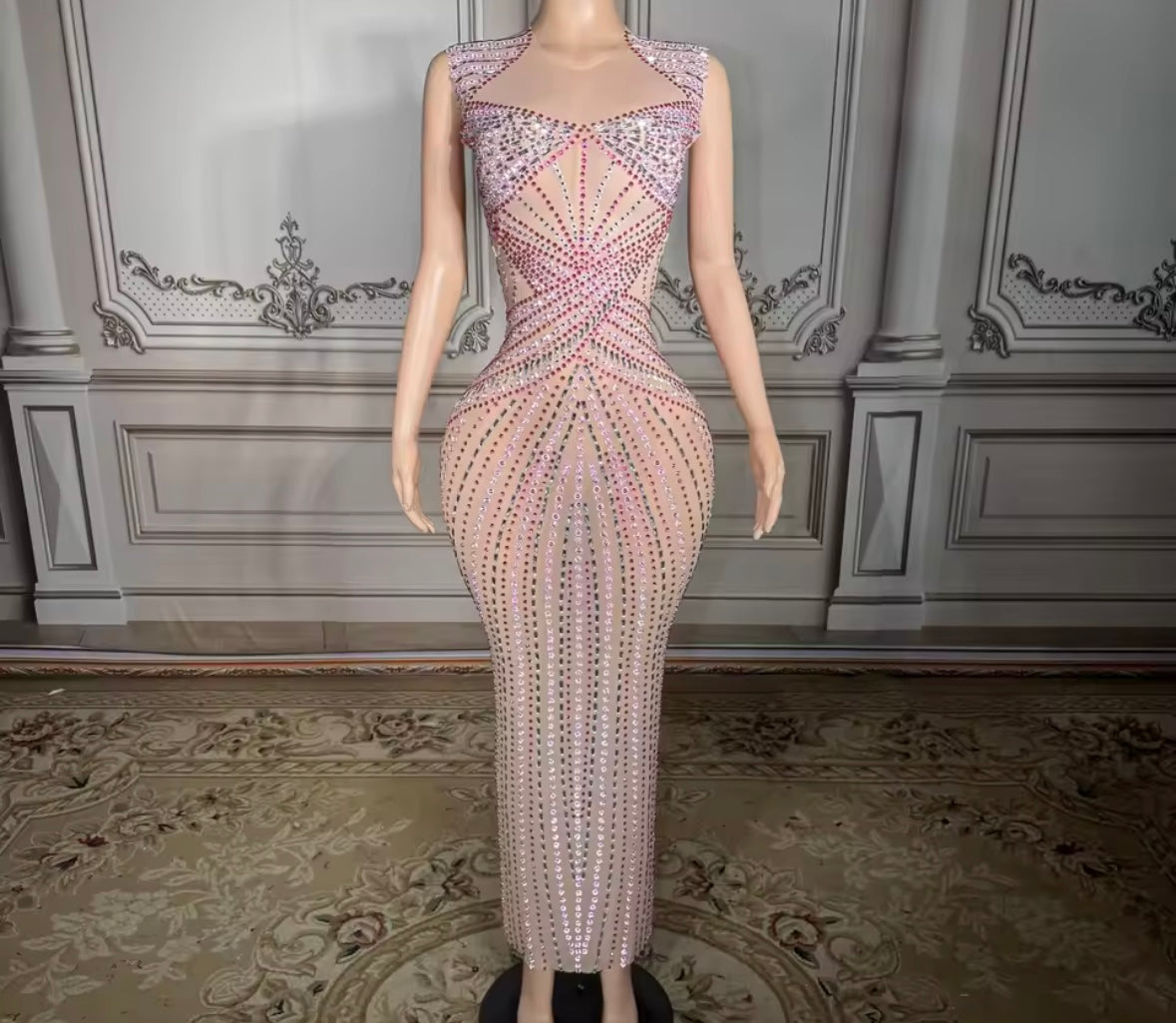 Sexy Sleeveless Color Rhinestone See Through Maxi Dress