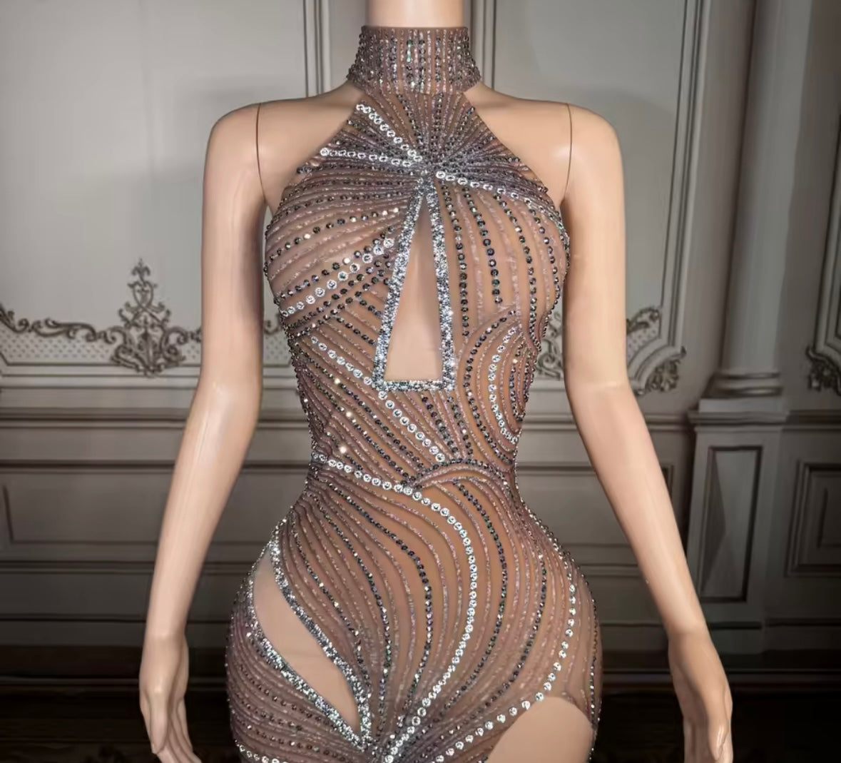 Sexy Sleeveless Hollow Out Rhinestone Side Split Maxi Dress