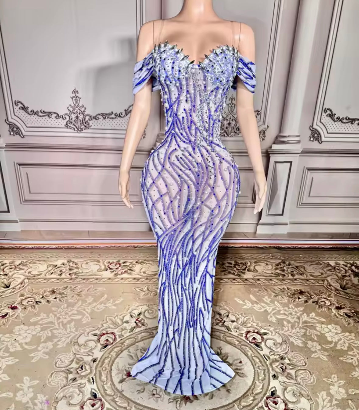 Sexy Off The Shoulder Beaded Rhinestone Floor-Length Dress