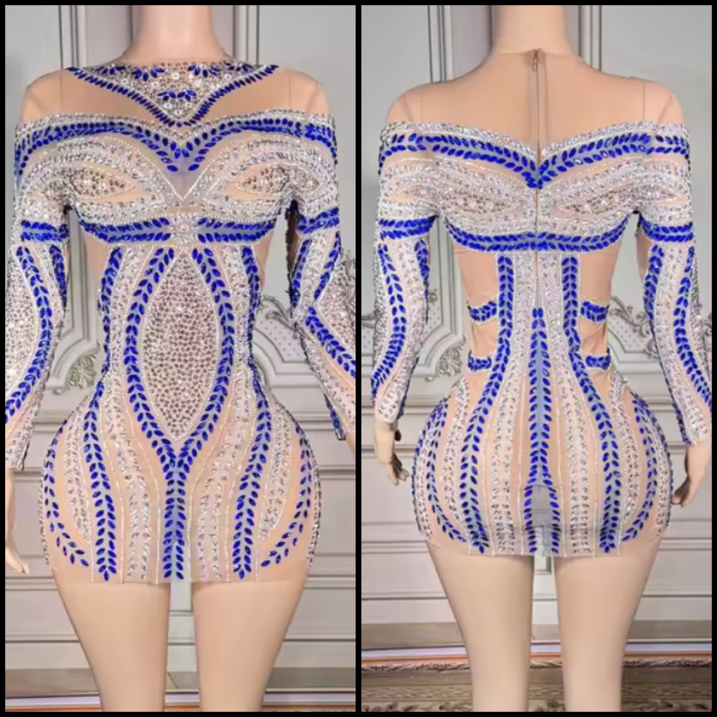 Rhinestone Embellishment Sexy Full Sleeve See Through Dress