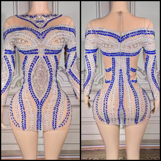 Rhinestone Embellishment Sexy Full Sleeve See Through Dress