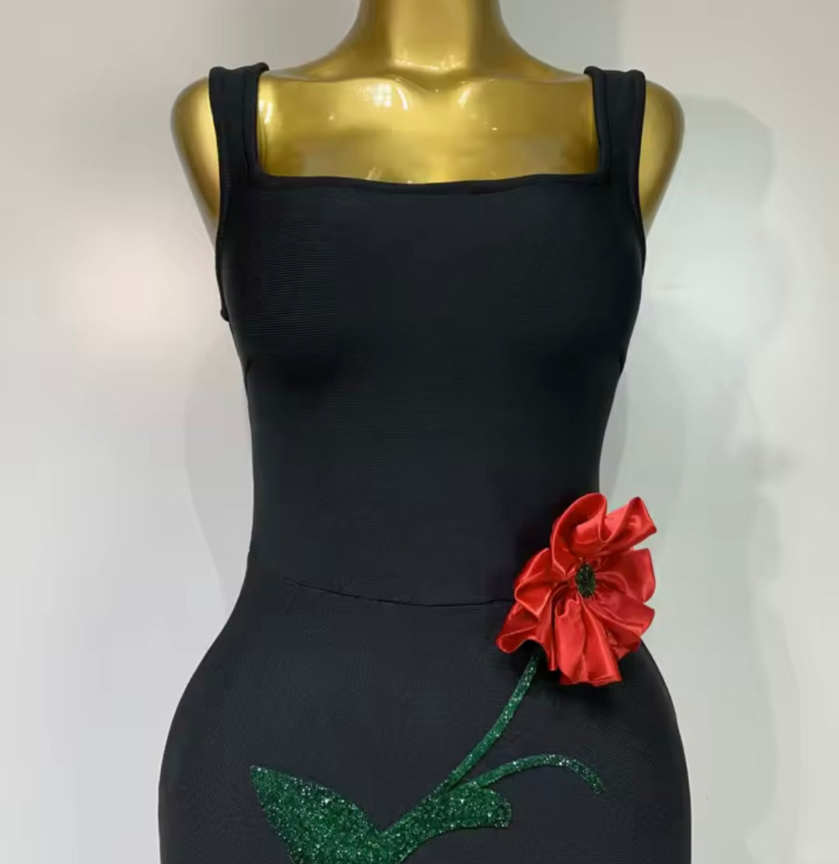 Black Sexy Sleeveless 3D Floral Rhinestone Maxi Dress