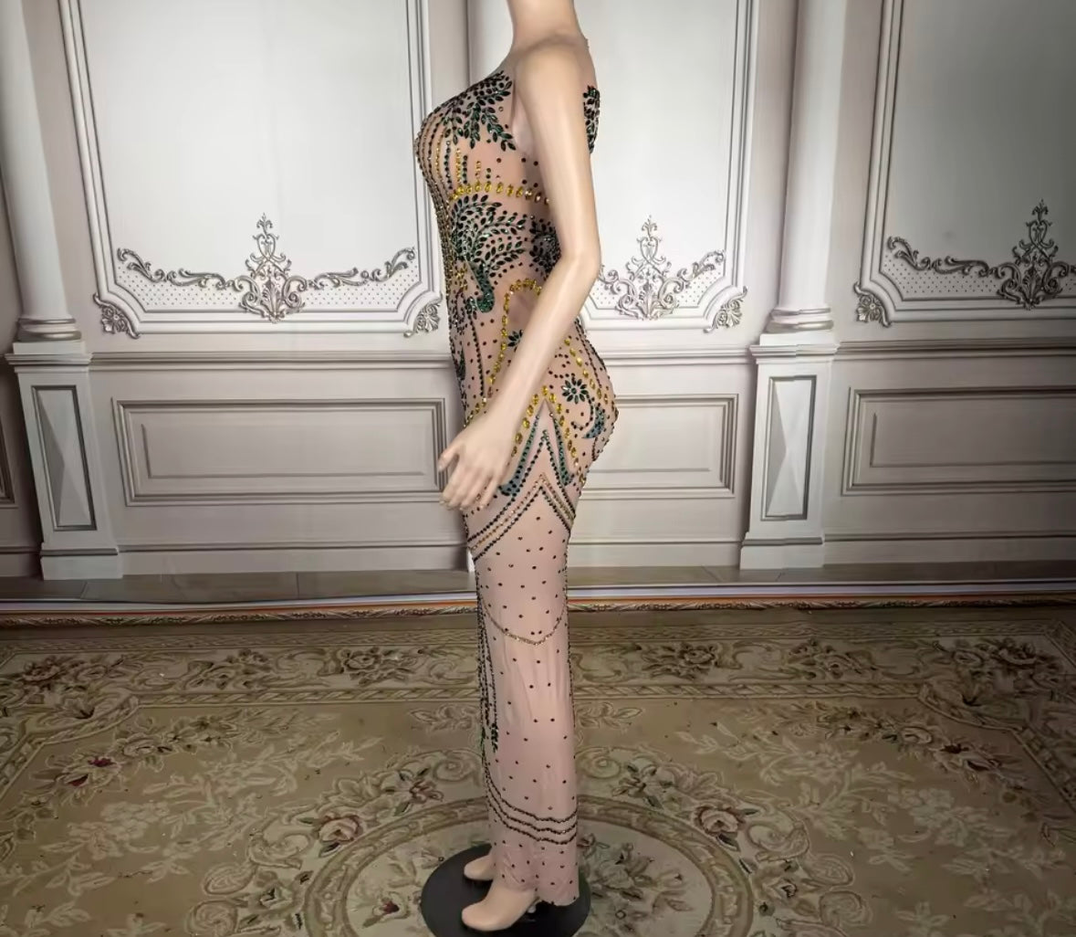 Sexy Sleeveless See Through Rhinestone Maxi Dress