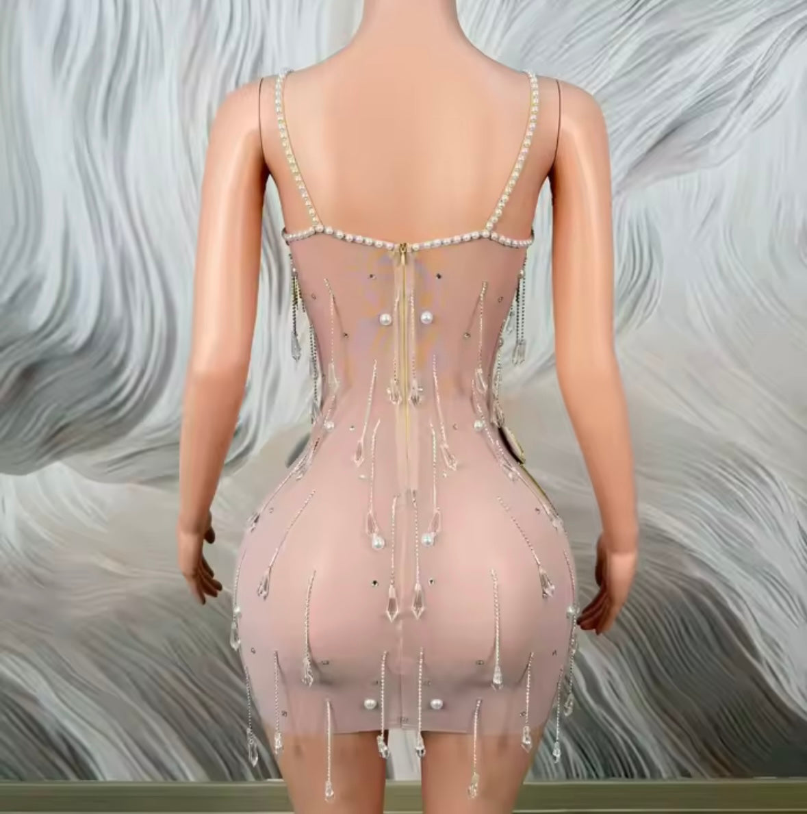 Sexy See Through Beaded Crystal Floral Tassel Dress