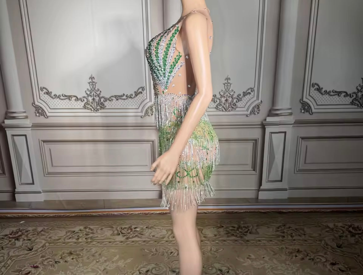 Sexy Sleeveless Rhinestone Tassel Short Dress