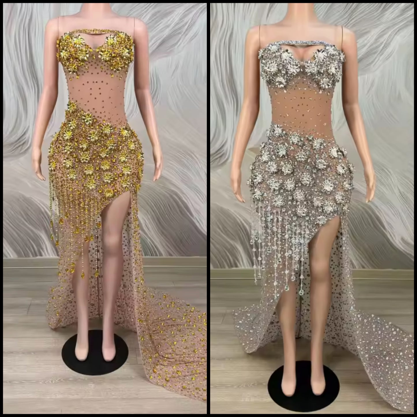 Sleeveless Crystal Rhinestone Tassel Side Split Maxi Dress