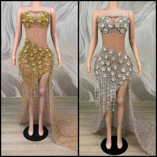 Sleeveless Crystal Rhinestone Tassel Side Split Maxi Dress