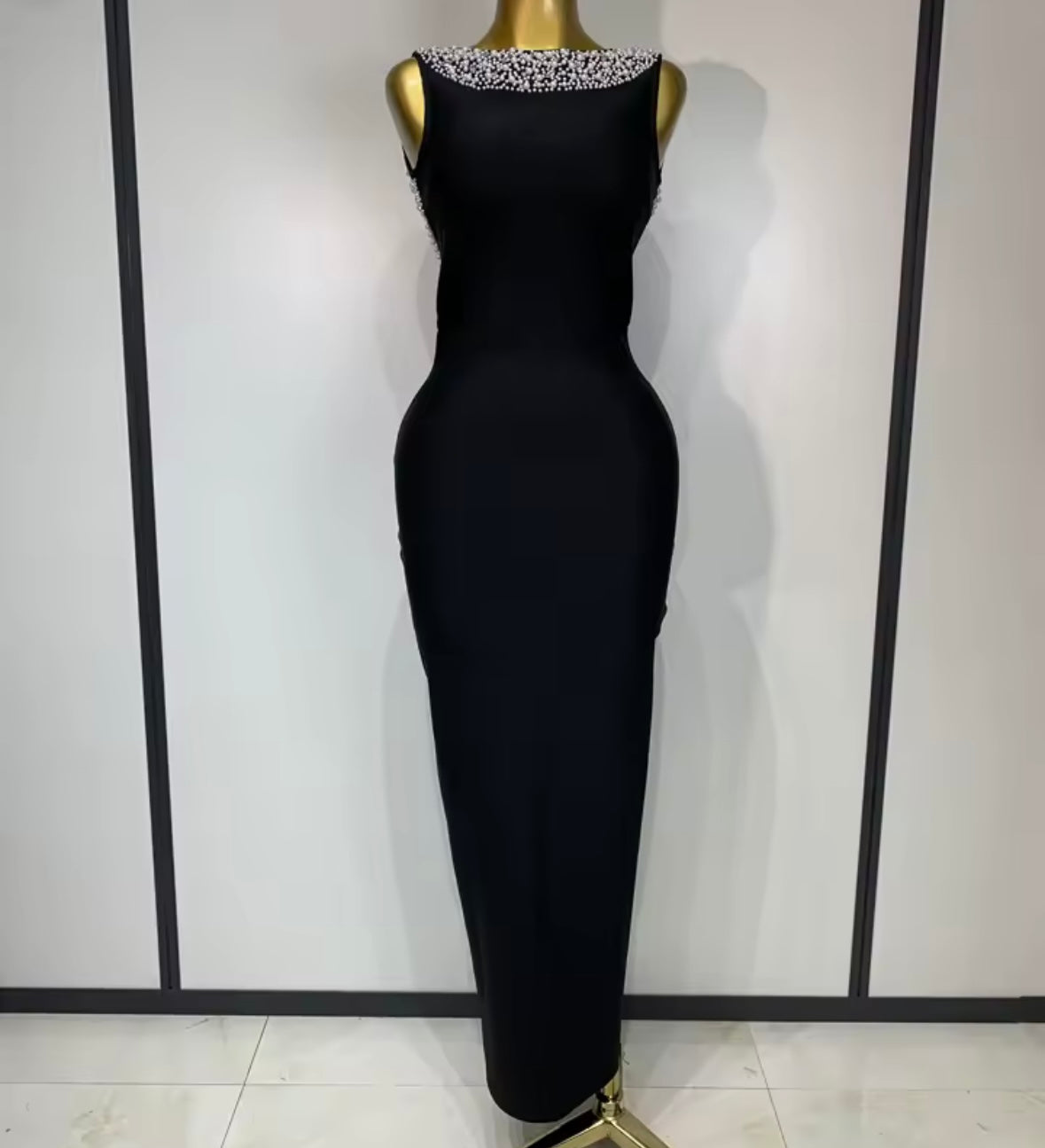 Sexy Sleeveless Rhinestone Pearl Open Back Maxi Dress