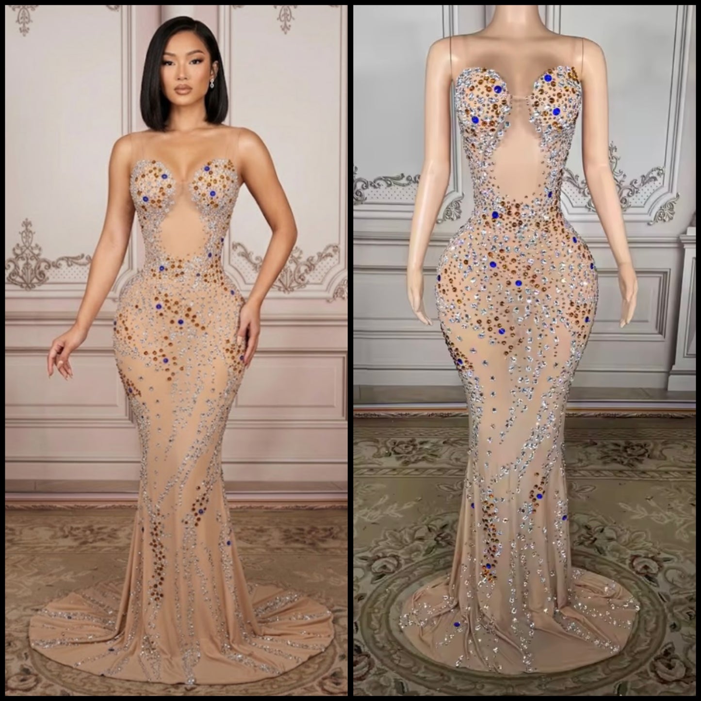 Sexy Sleeveless Color Rhinestone Floor-Length Dress
