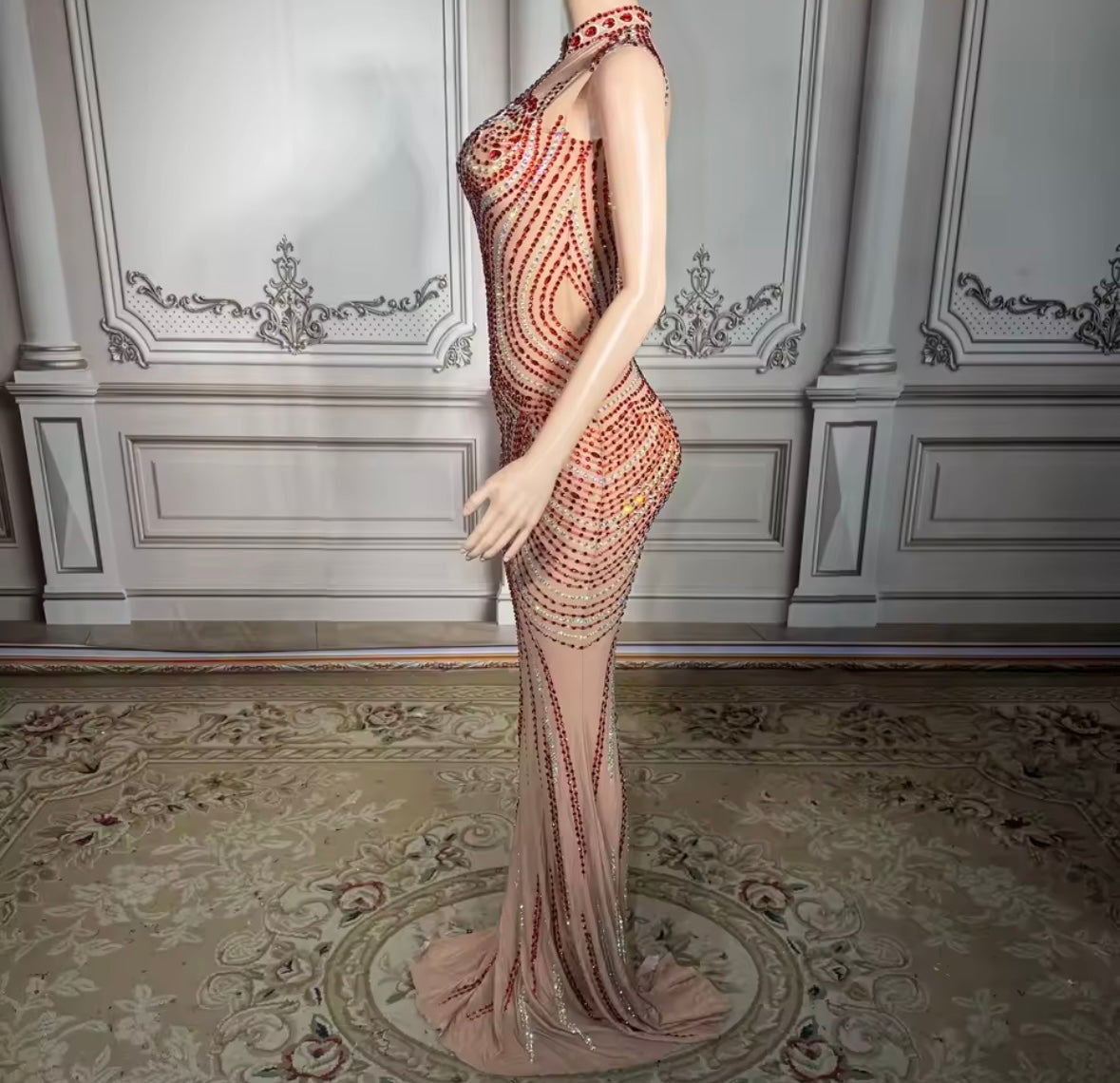 Sexy Sleeveless See Through Red Rhinestone Floor-Length Dress