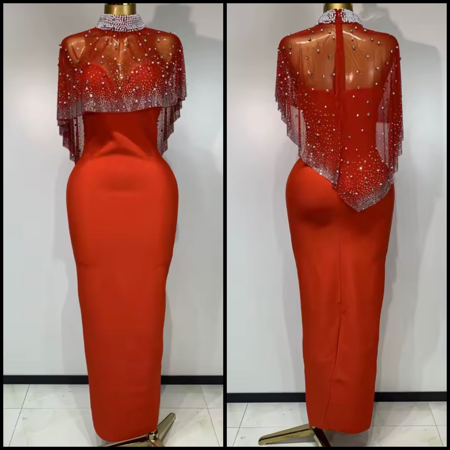 Elegant Red Beaded Rhinestone Cloak Strapless Maxi Dress