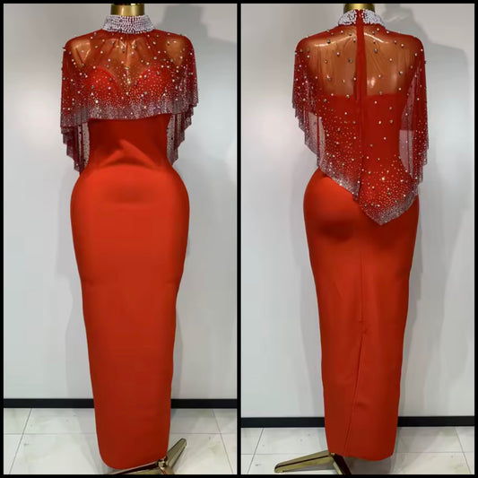 Elegant Red Beaded Rhinestone Cloak Strapless Maxi Dress