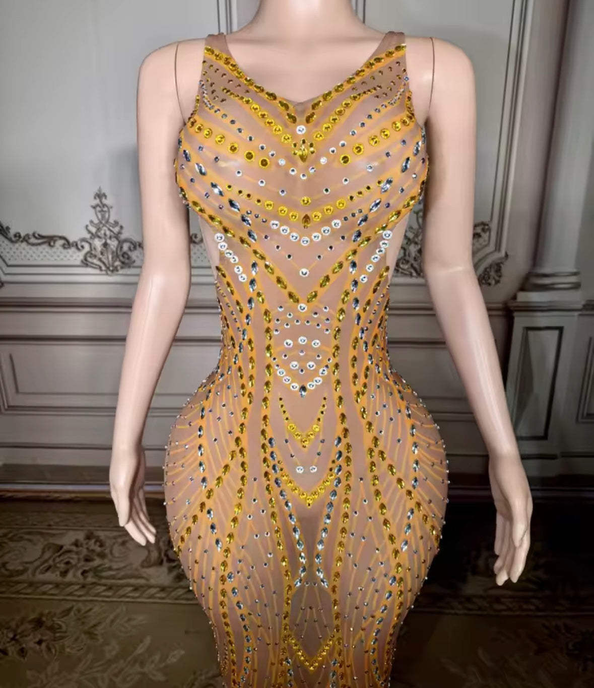 Sexy Sleeveless Rhinestone See Through Hollow Out Maxi Dress