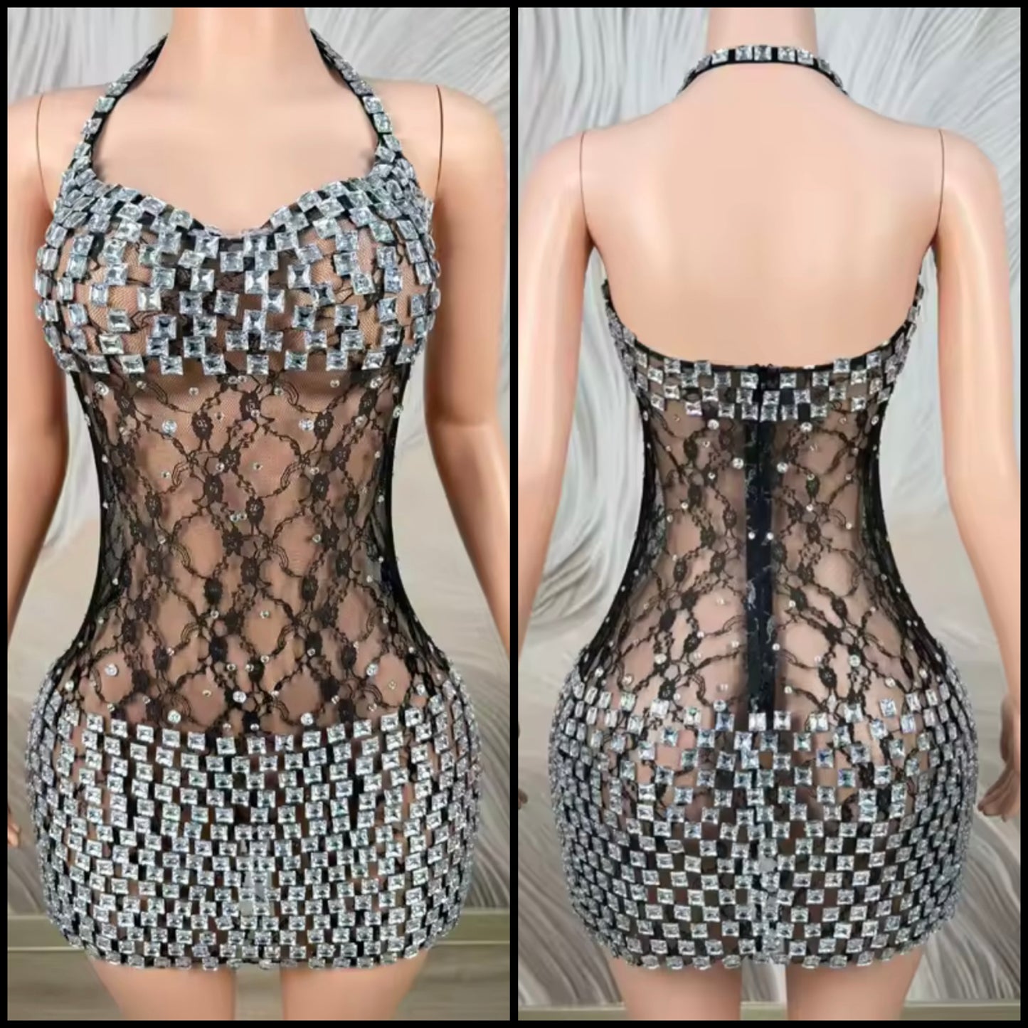 Sexy Lace Rhinestone Halter Sleeveless Dress